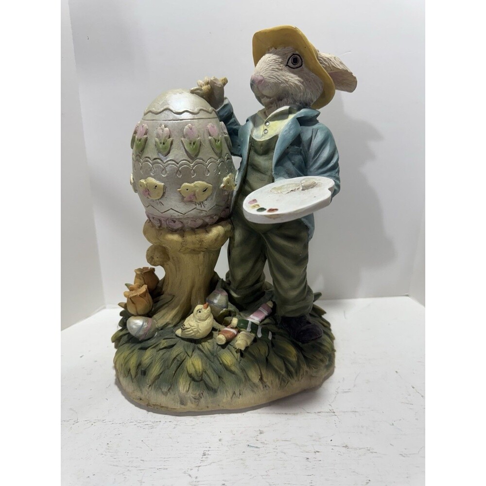 Vintage Easter Rabbit Artist Painting Egg Tulip Flower Chick Resin Figure Bunny